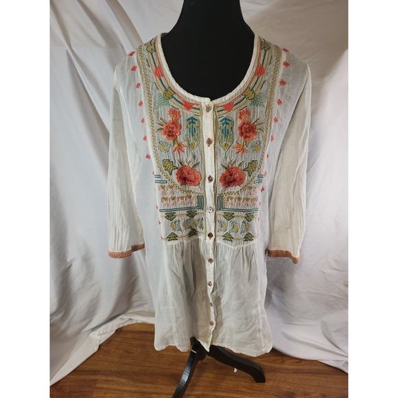 Johnny Was Tops - 3J Workshop Johnny Was Size Small White Embroidered Button Down Shirt Tunic
